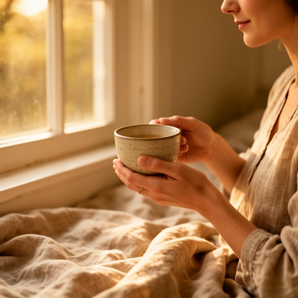 Quiet wellness and self-care moment in warm golden light